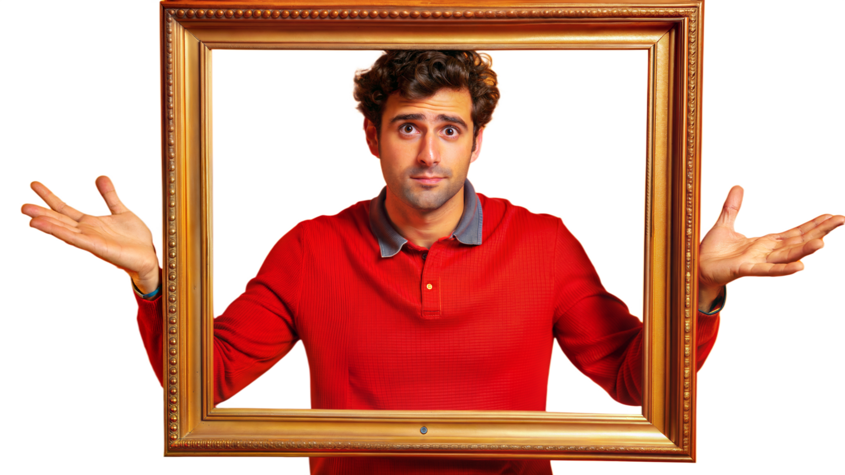 A Man in a Red Polo Shirt Poses Within a Golden Picture Frame png