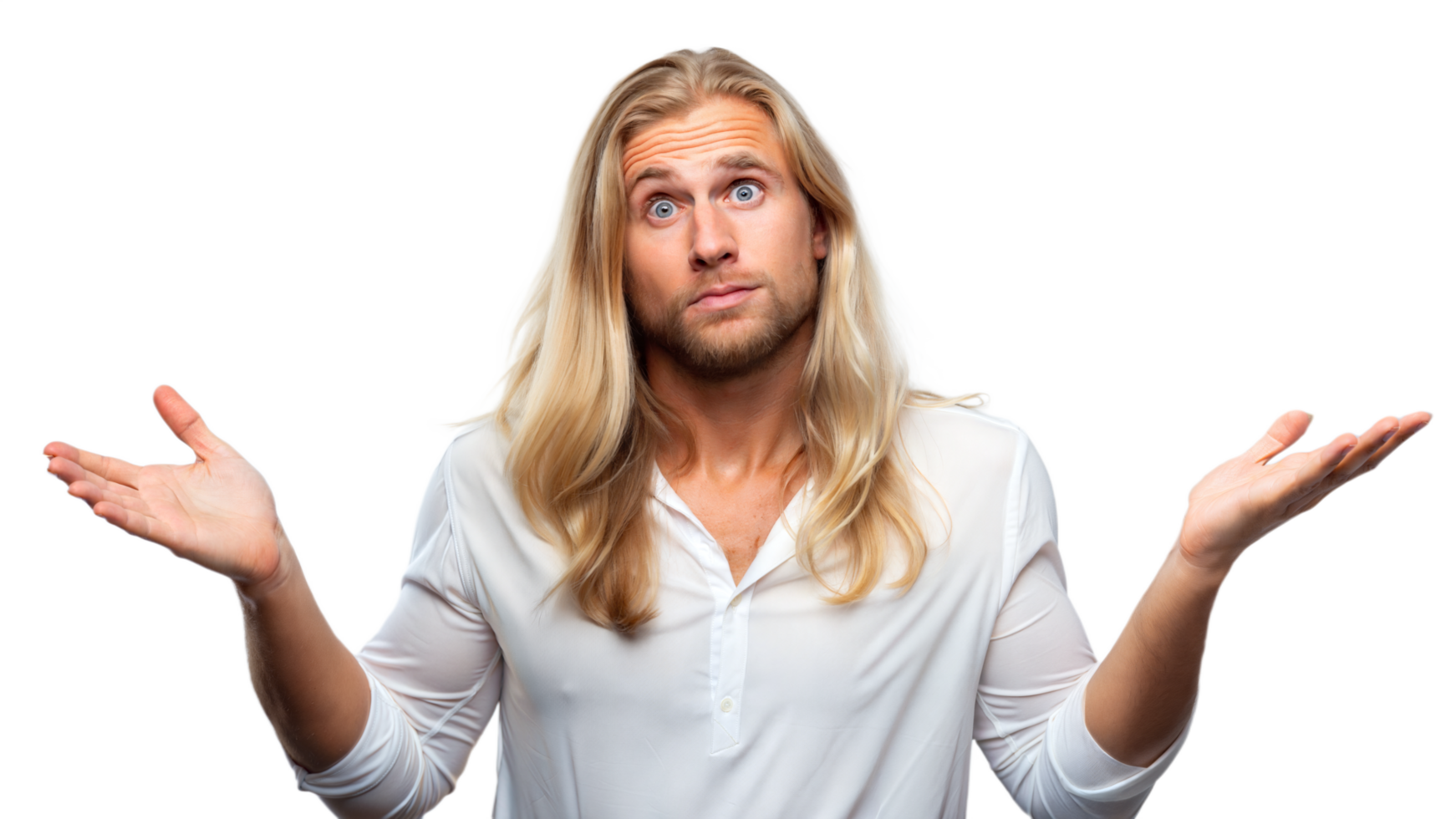 Blonde Man Gesturing With Open Palms in Doubt png