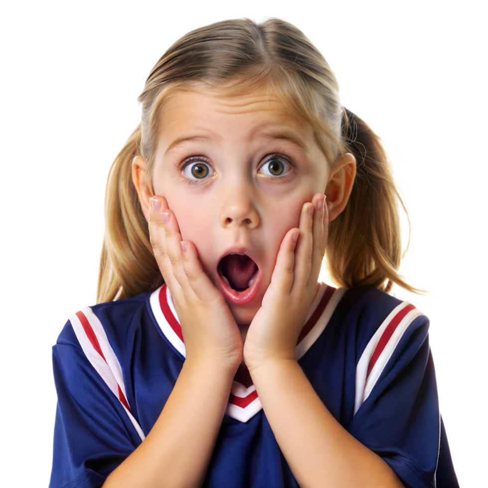 Surprised Young Girl Wearing Blue Jersey With Hands on Face png