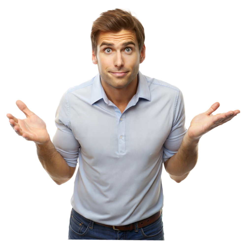 Man in Blue Shirt With Confused Expression and Hands Outstretched png