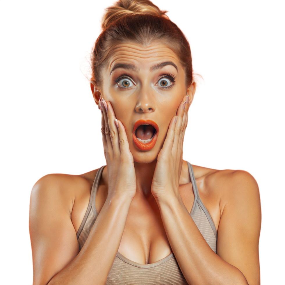 Woman Reacts With Shock And Surprise, Hands On Cheeks png