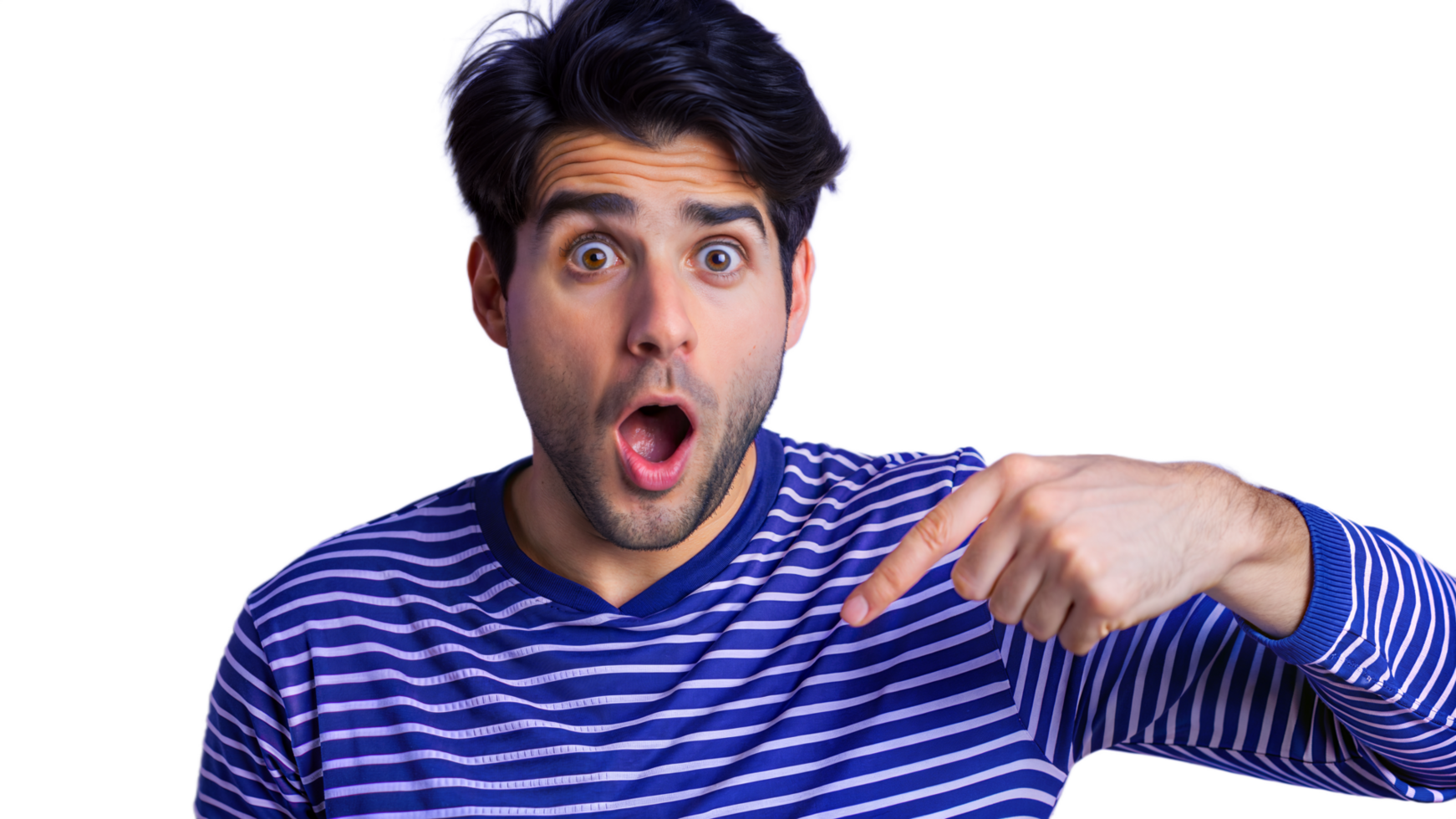 Surprised Man in Blue Striped Shirt Points Downward png