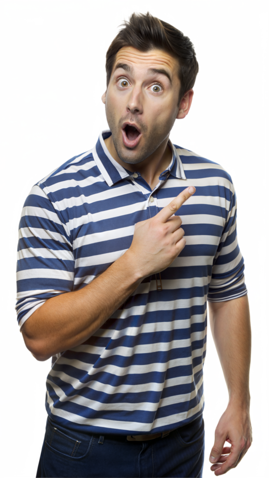 Surprised Man Pointing Right in Striped Shirt png