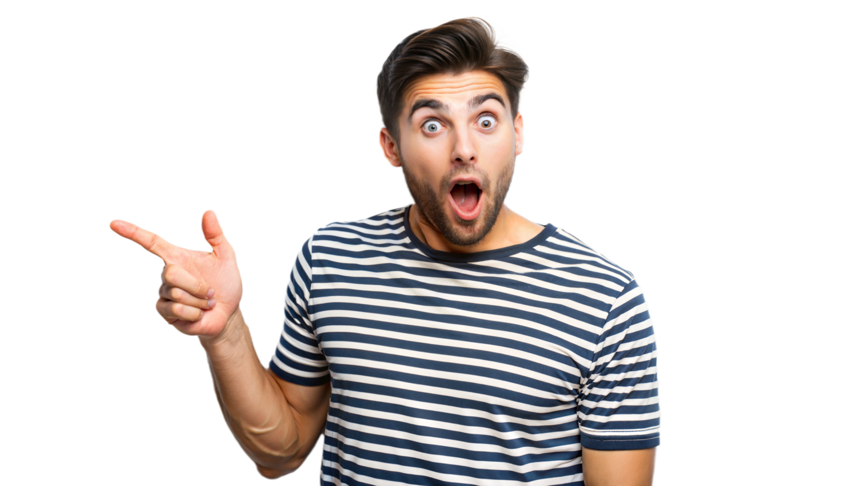 Surprised Man Pointing Right in Striped Shirt png