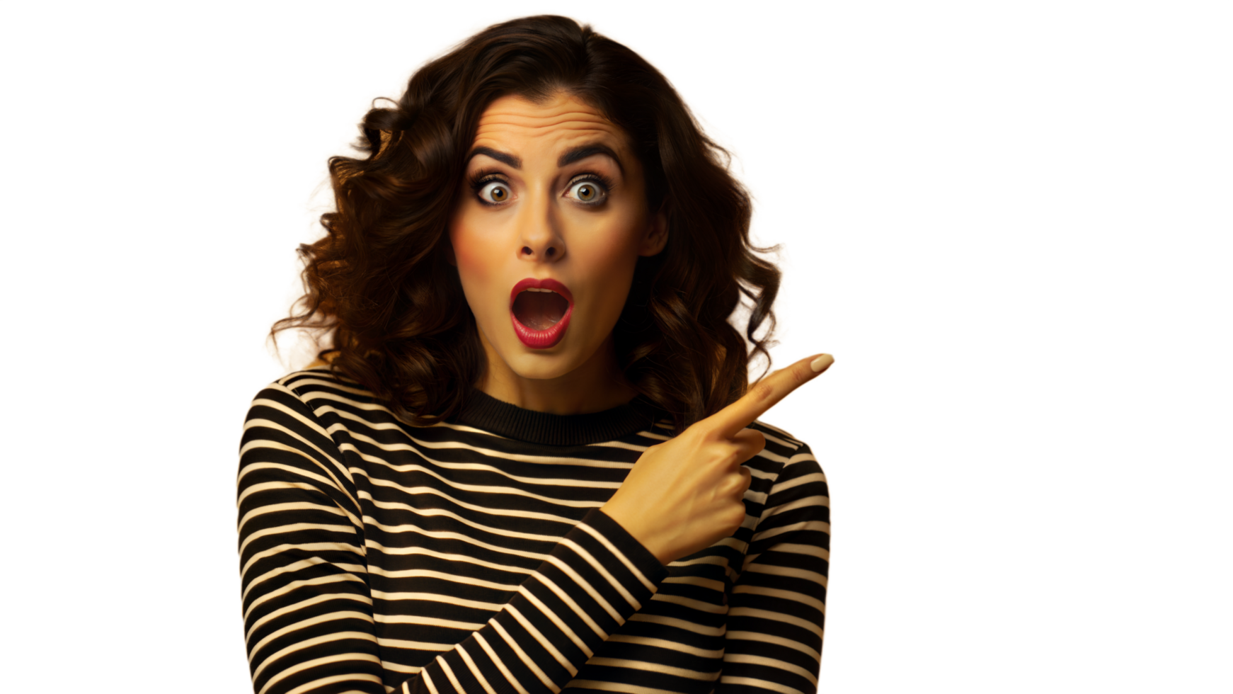 Woman With Curly Hair in a Striped Shirt Points Right With a Shocked Expression png