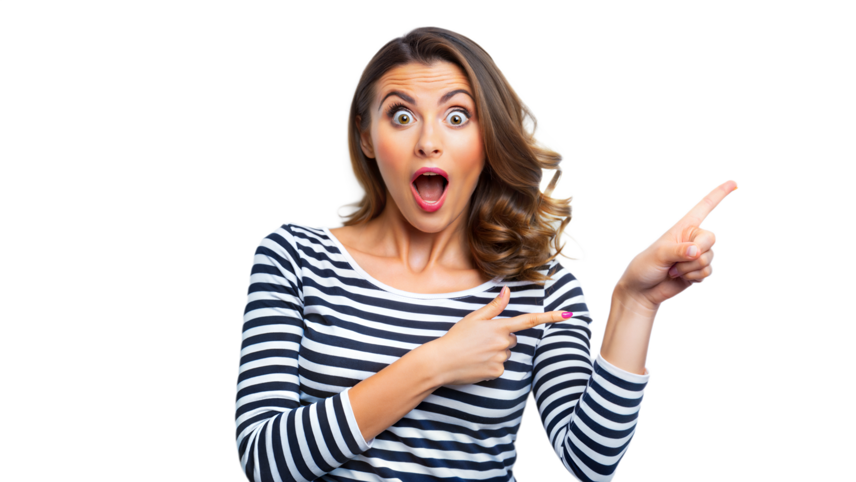 Surprised Woman Pointing Right While Wearing Striped Shirt png