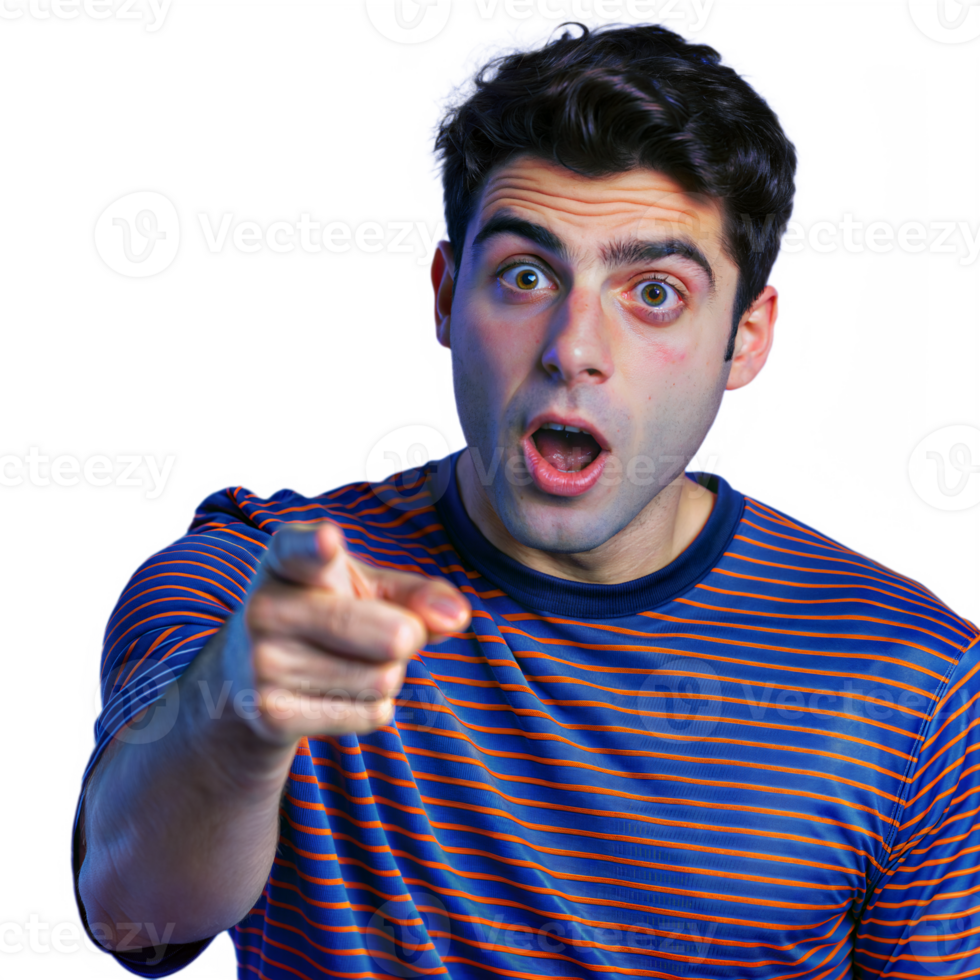 Young Man in Striped Shirt Points and Looks Shocked png