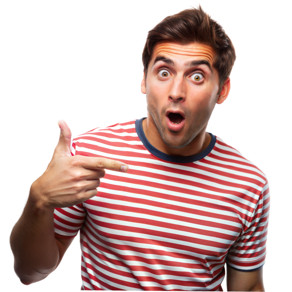 Surprised Young Man Pointing to the Right in a Striped Shirt png