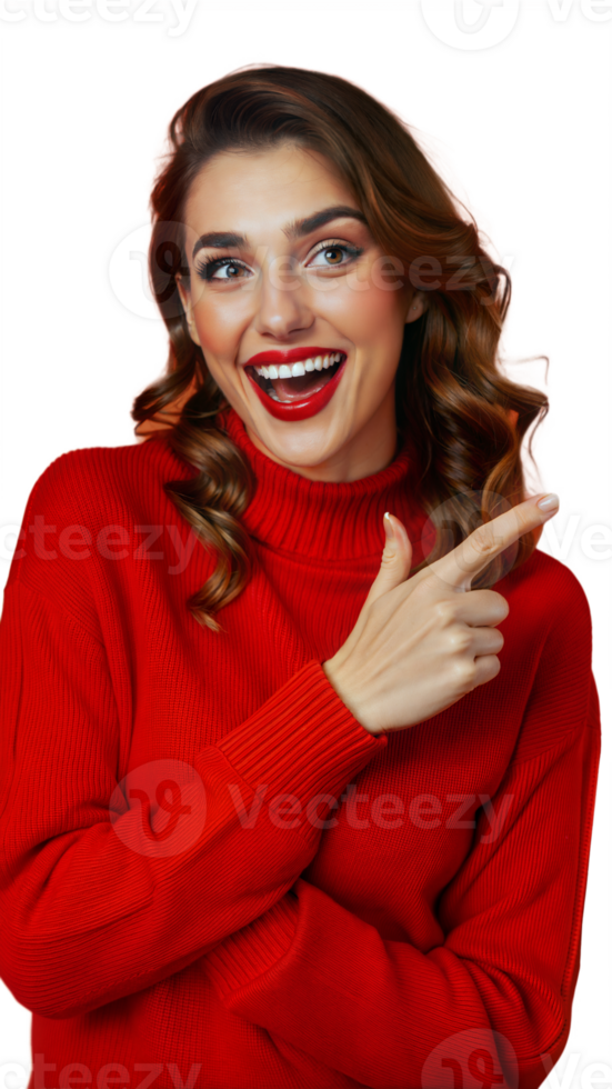 Happy Woman in Red Sweater Pointing Right With White Background png