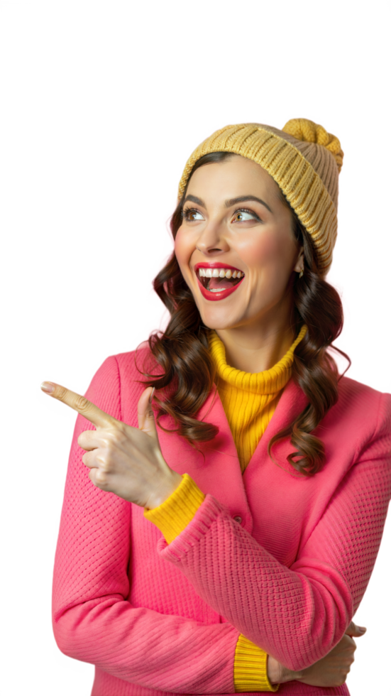 Woman Wearing Yellow Knit Hat Points Off-Camera png