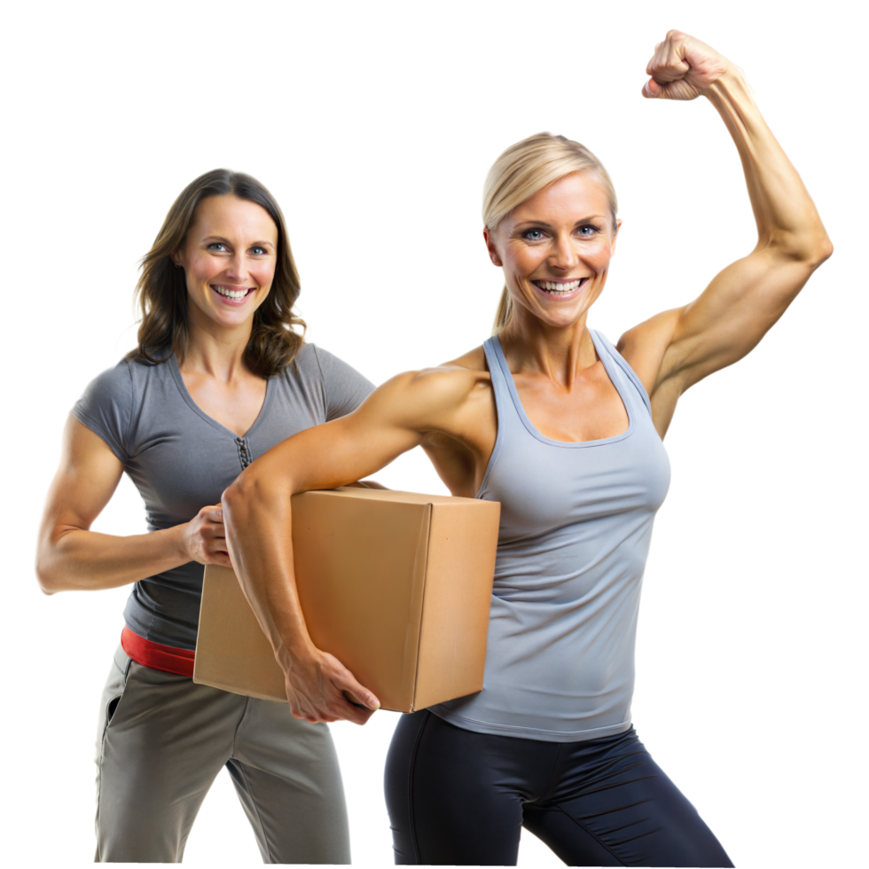 Two Women Lifting Heavy Box Together in Studio png