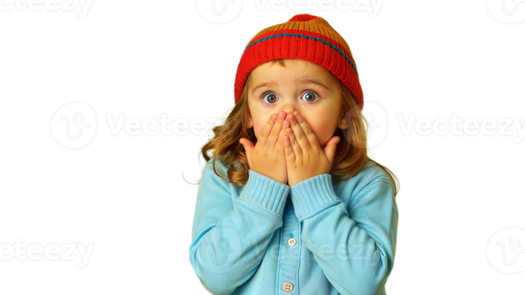 Surprised Young Girl In Red Hat With Hands Covering Mouth png