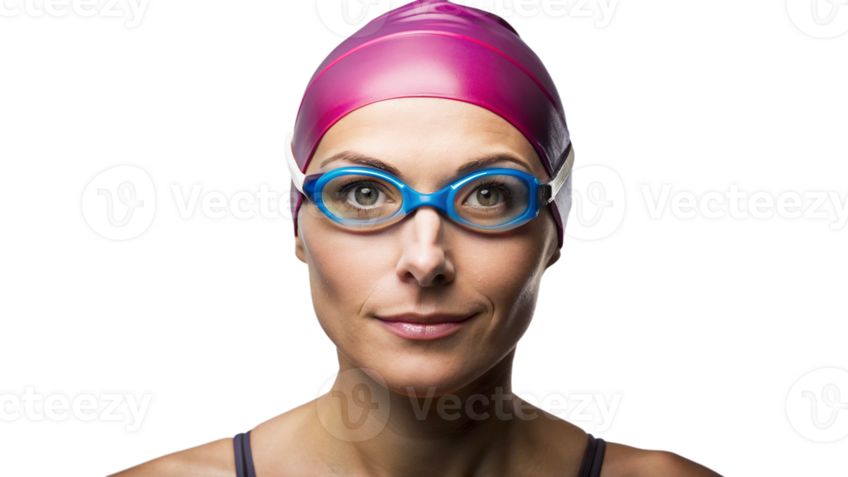 Female Swimmer Wearing Pink Swim Cap and Blue Goggles png