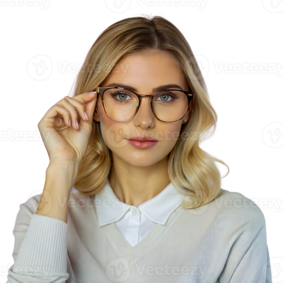 Woman Adjusting Glasses, Portrait, Blonde Hair, Casual Clothes png