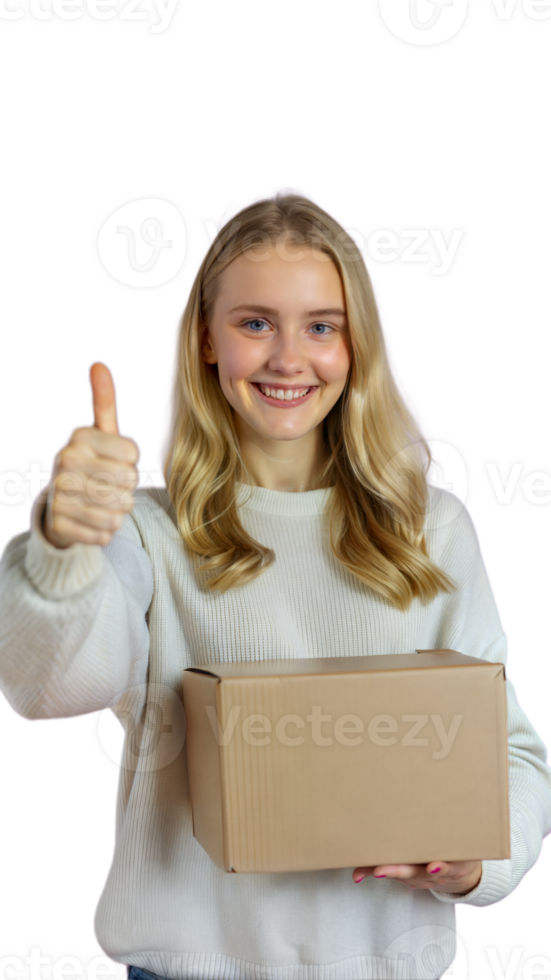Young Woman Holding Cardboard Box and Giving Thumbs Up png