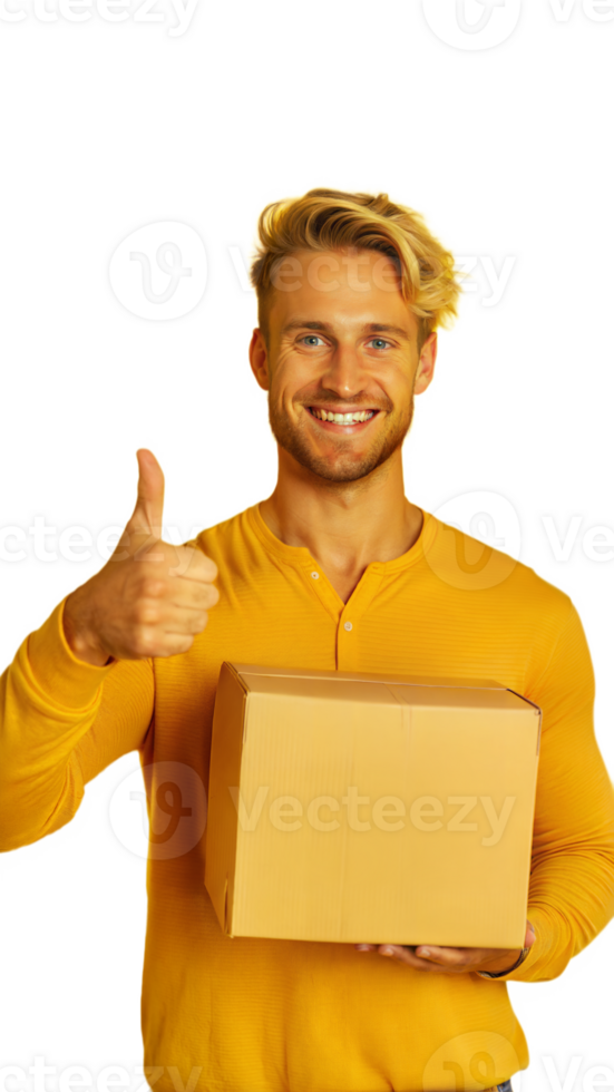 Happy Man Holding Cardboard Box and Giving Thumbs Up png