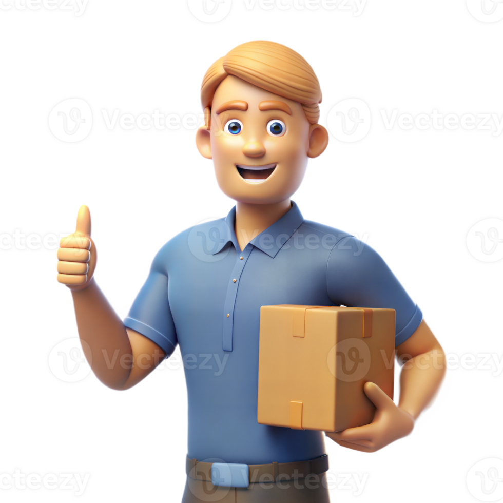 Smiling Cartoon Delivery Man Holding a Cardboard Box With Thumbs Up png
