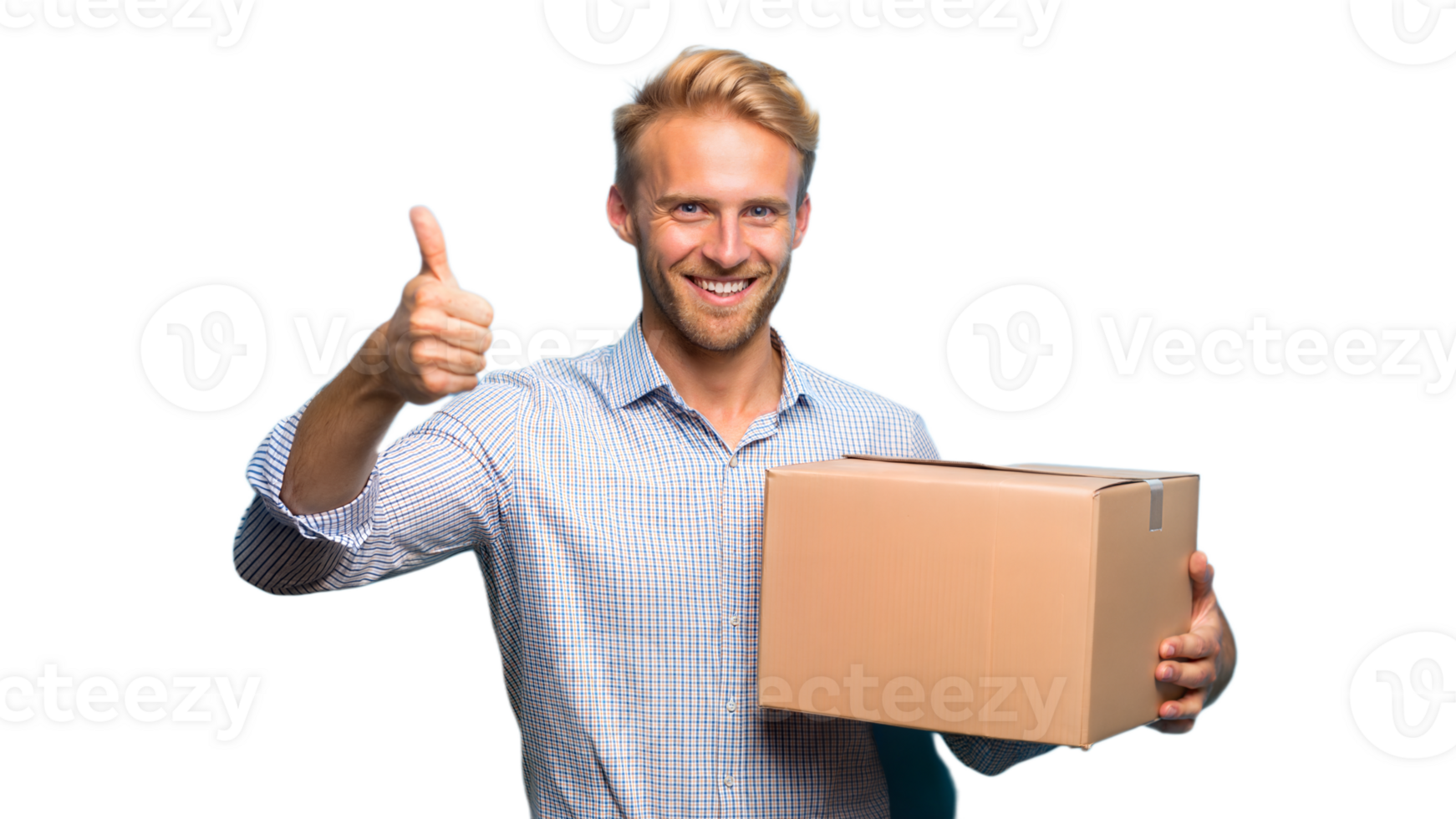 Happy Man Holding a Cardboard Box and Giving a Thumbs Up png