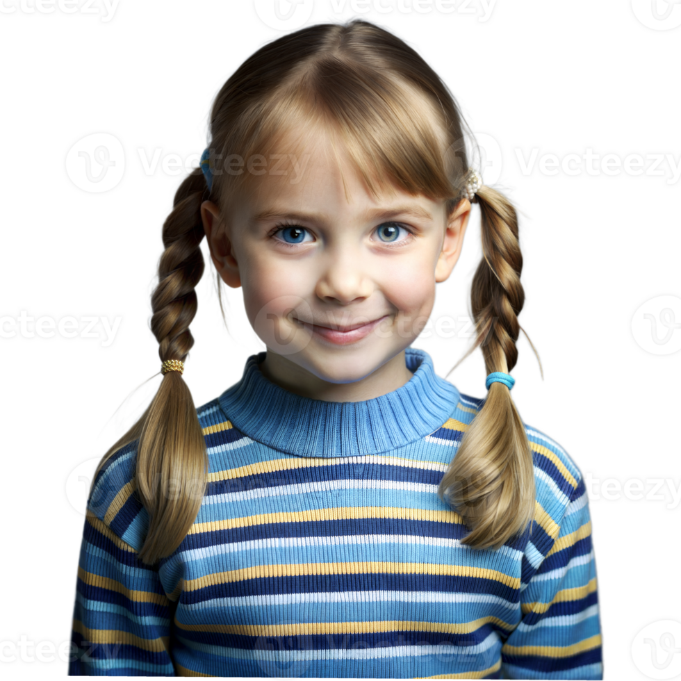 Portrait of a Young Girl With Blonde Hair and Blue Eyes Wearing a Striped Sweater png