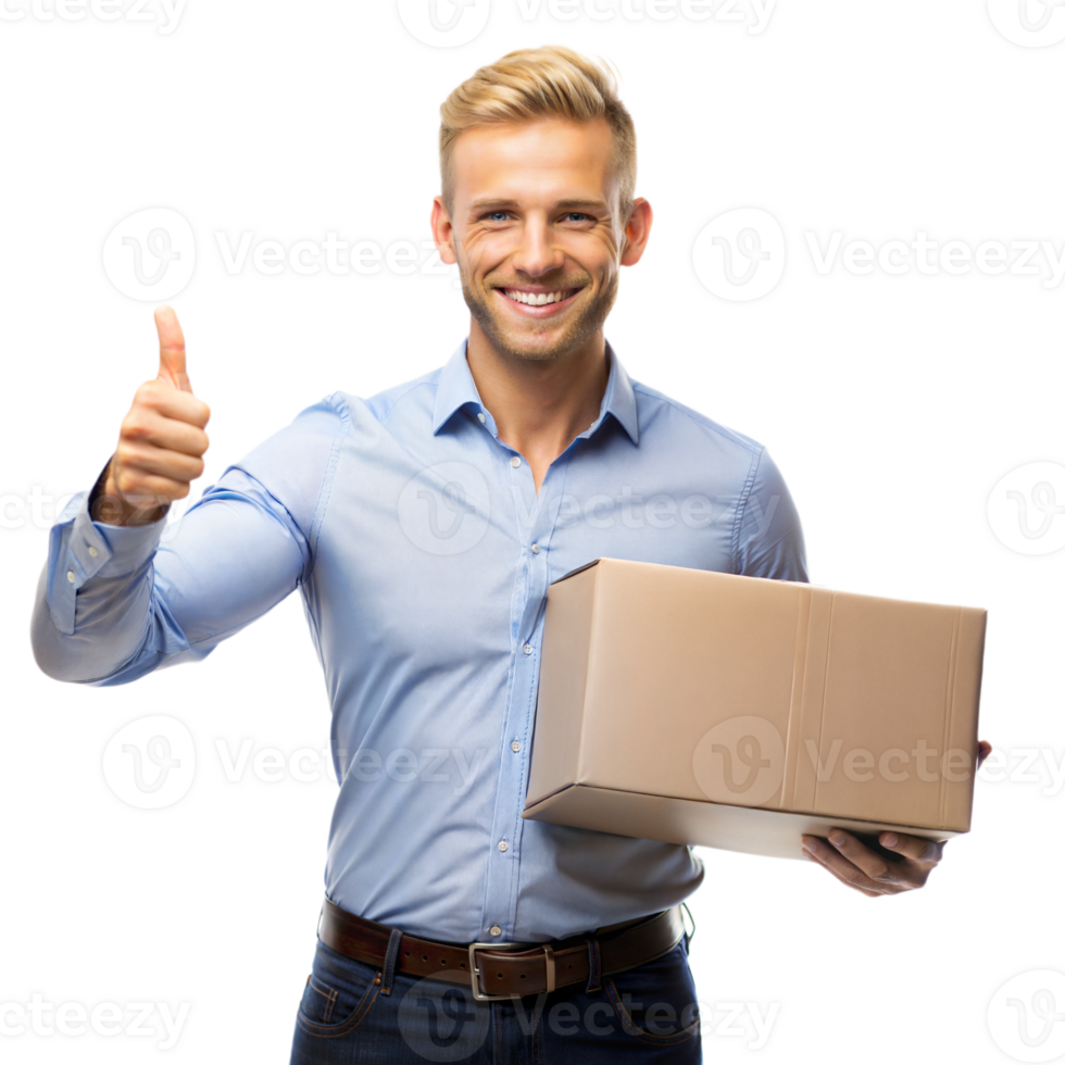 Smiling Man Holding Cardboard Box and Giving Thumbs Up png