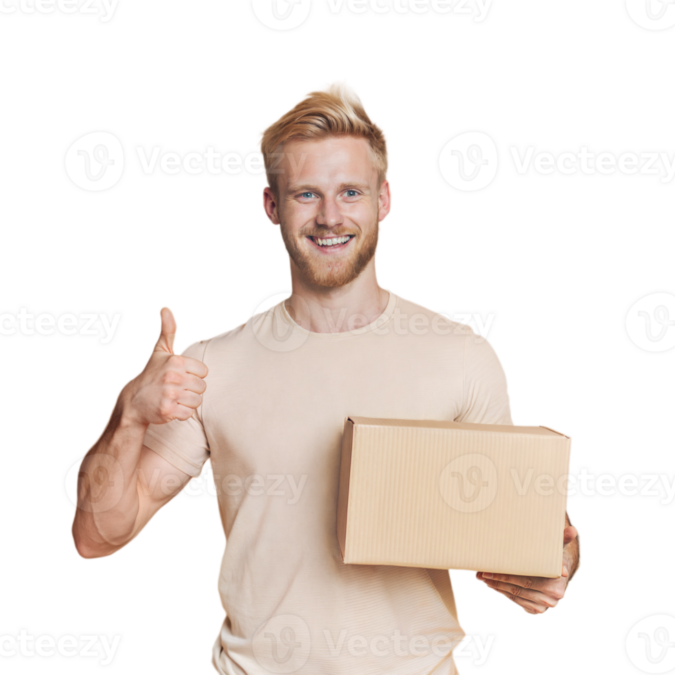 Smiling Man Holding Cardboard Box and Giving Thumbs Up png
