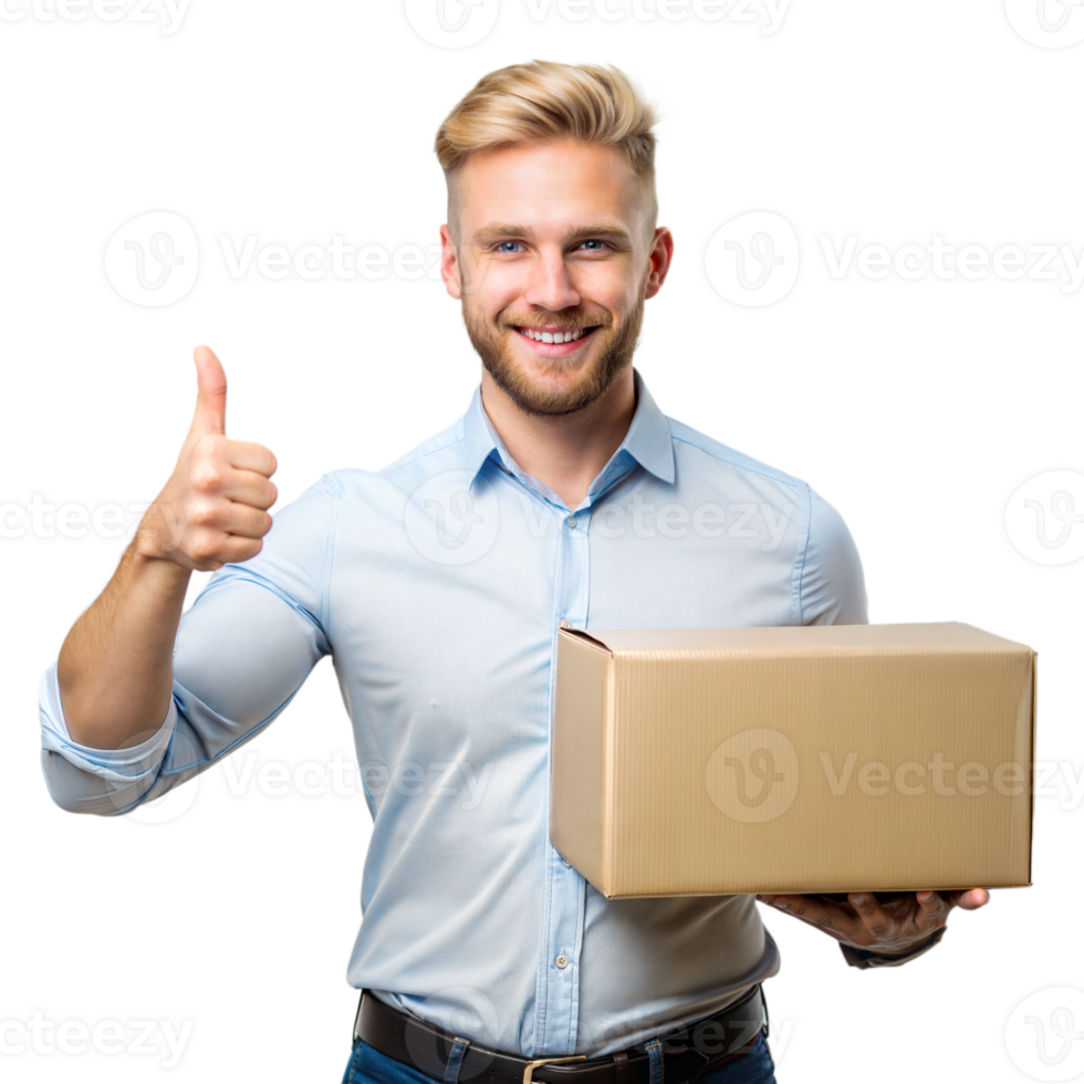 Smiling Man Holding a Cardboard Box and Giving Thumbs Up png