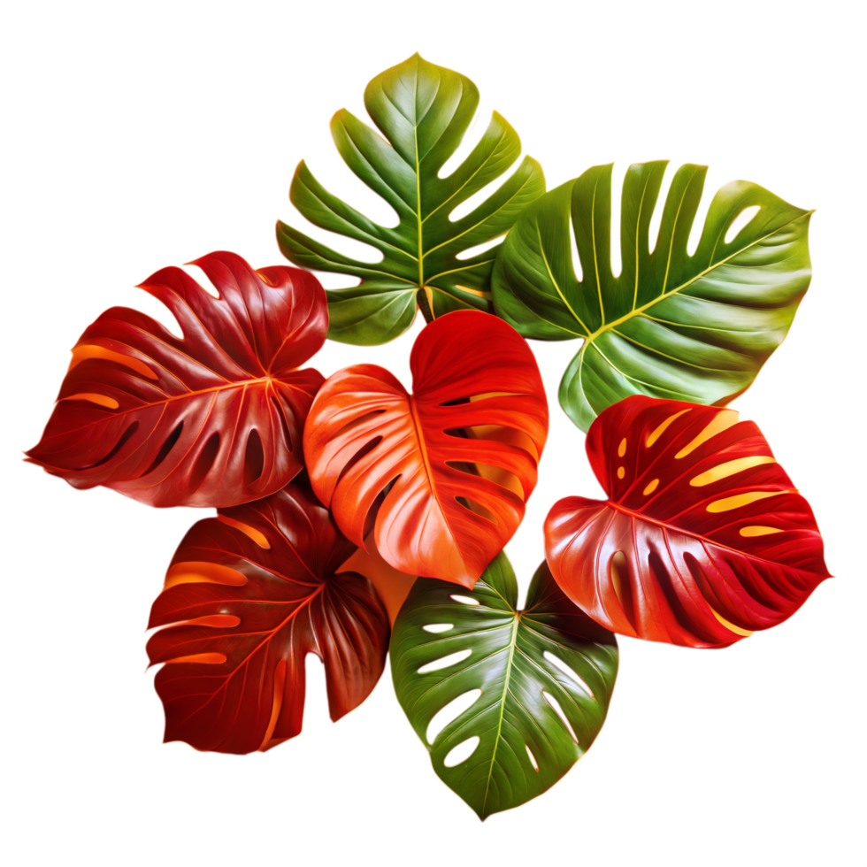 Red And Green Monstera Leaves On A White Background png