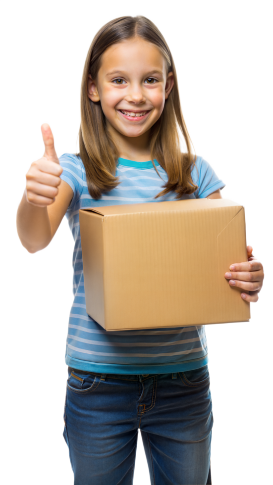 Smiling Girl Holding a Cardboard Box and Giving a Thumbs Up png