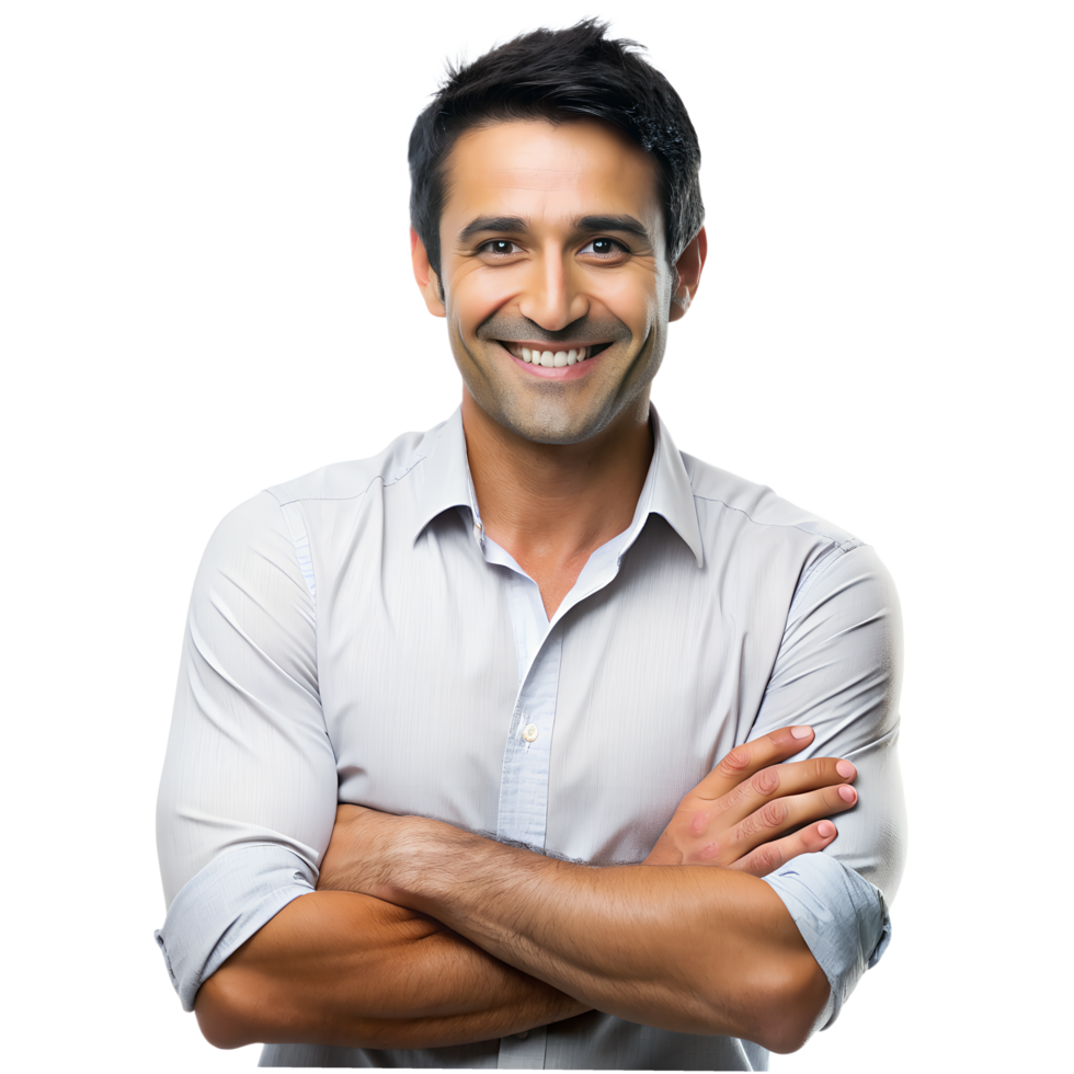 Smiling Man With Crossed Arms in a Light Blue Shirt png