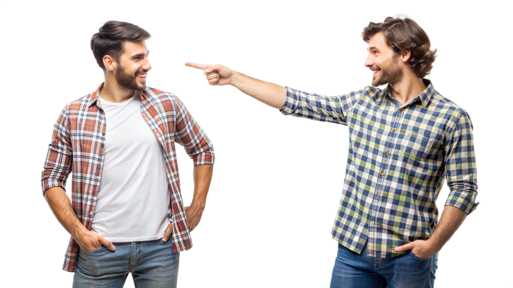 Two Men In Plaid Shirts Pointing At Each Other png