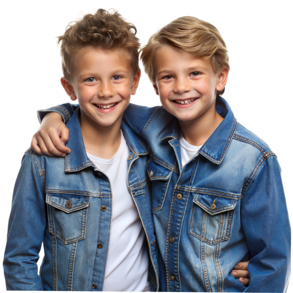 Two Smiling Boys Wearing Denim Jackets Pose Together png