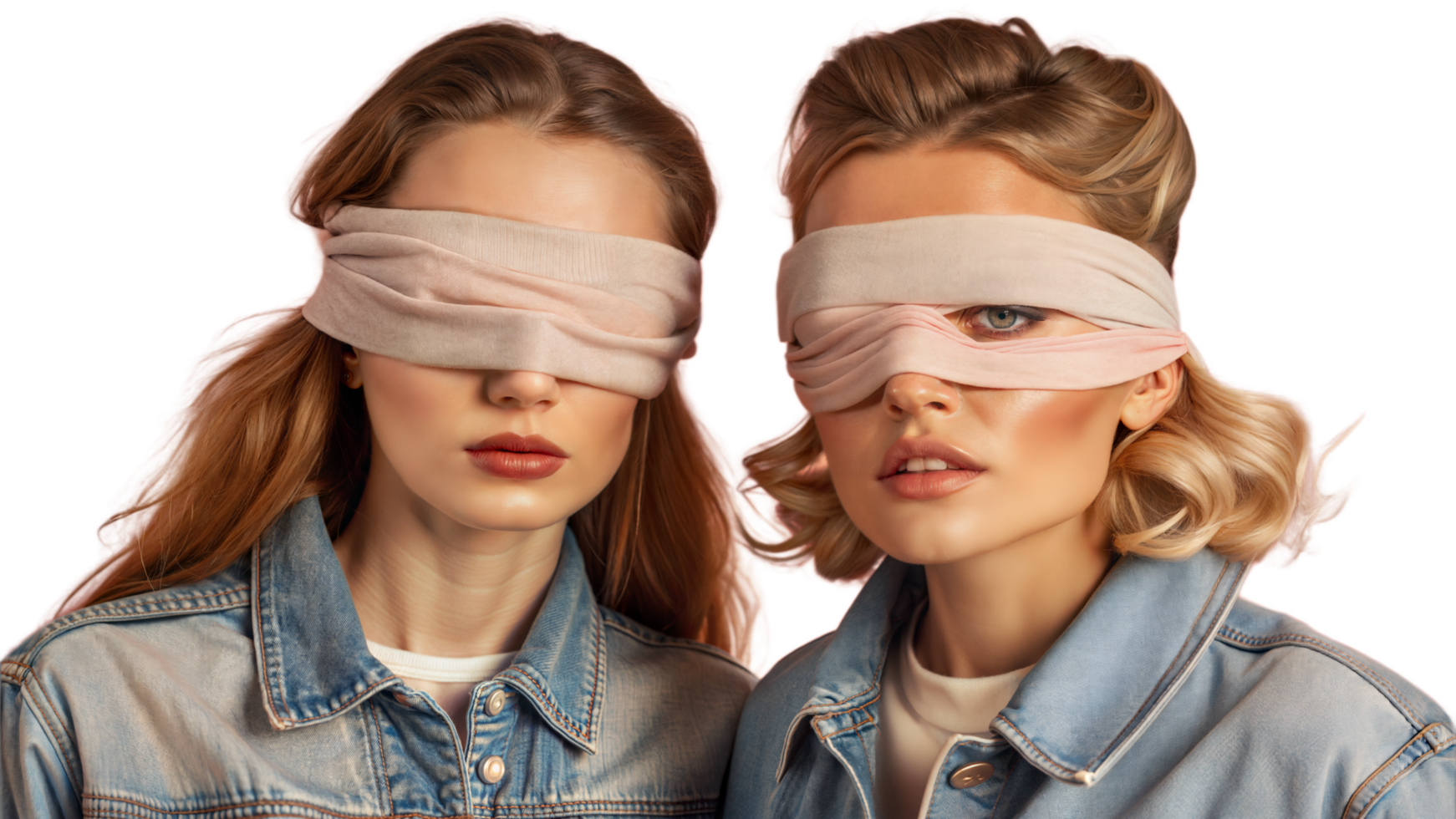 Two Women Wearing Pink Blindfolds and Denim Jackets png