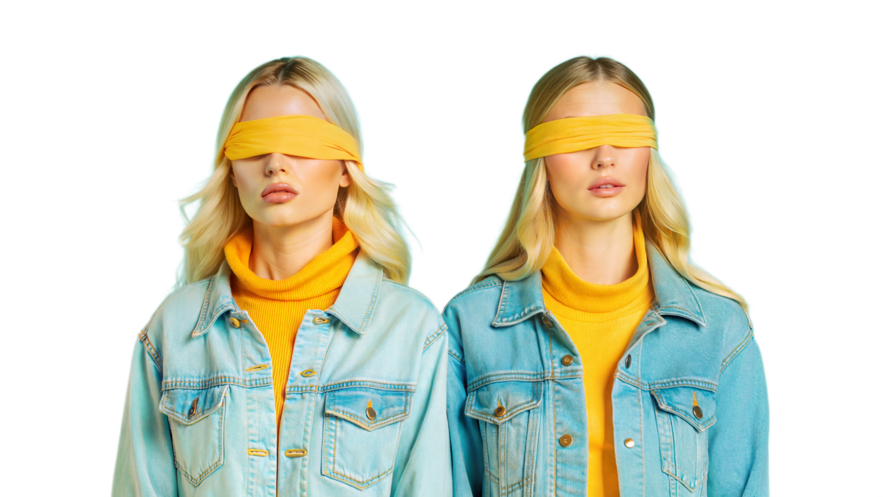 Two Women Wearing Yellow Blindfolds and Denim Jackets png