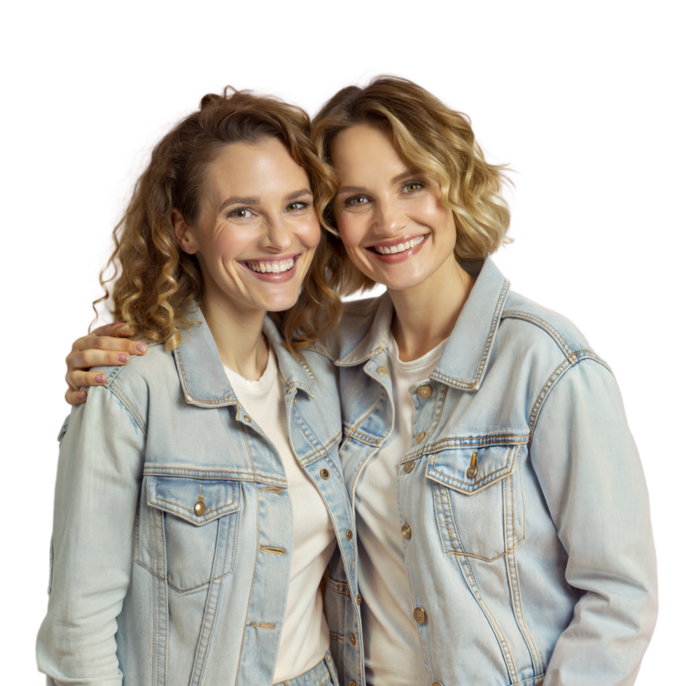 Two Smiling Women Wearing Denim Jackets Pose for a Portrait png