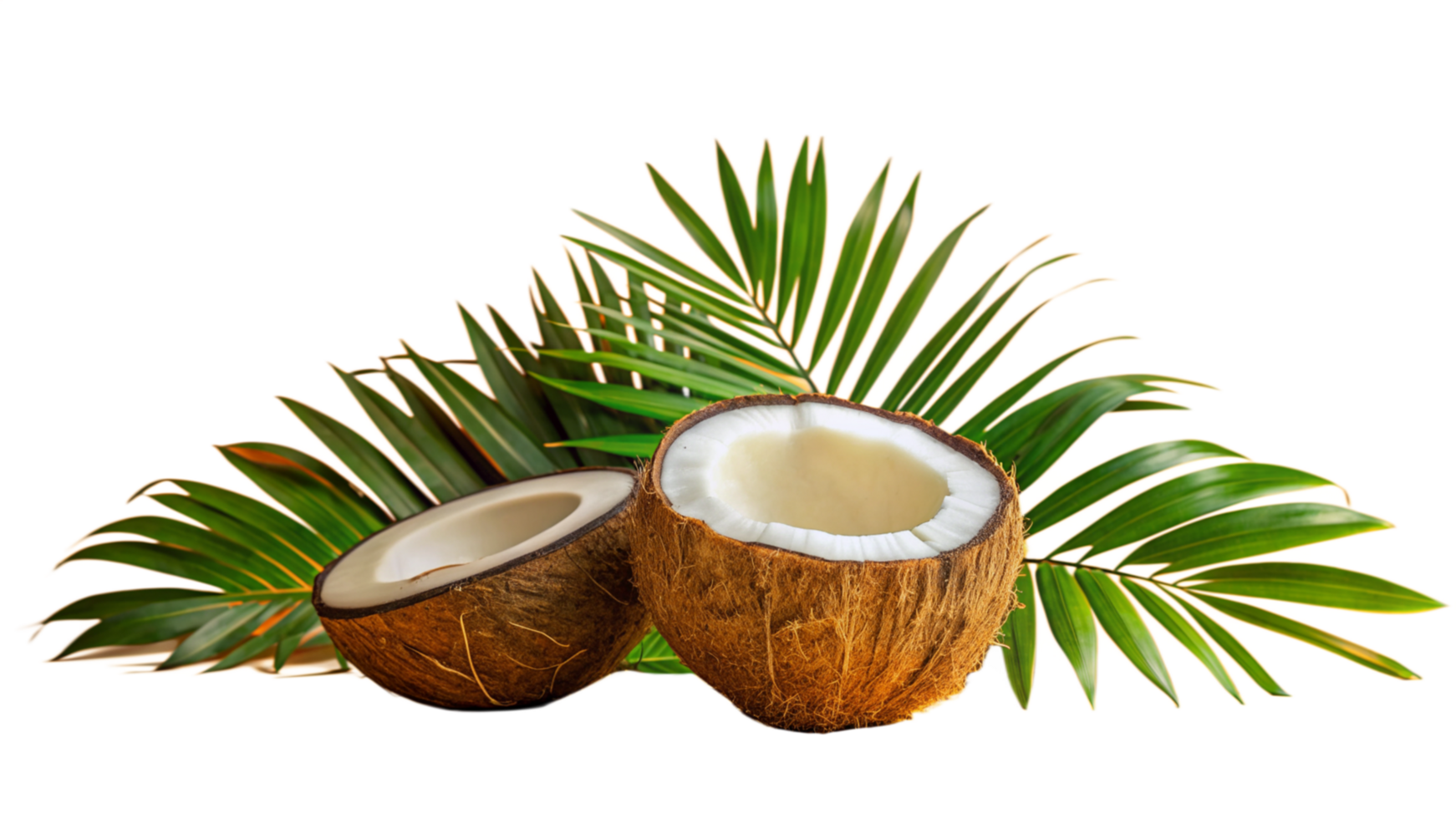 Cracked Coconut With Palm Fronds on White Background png