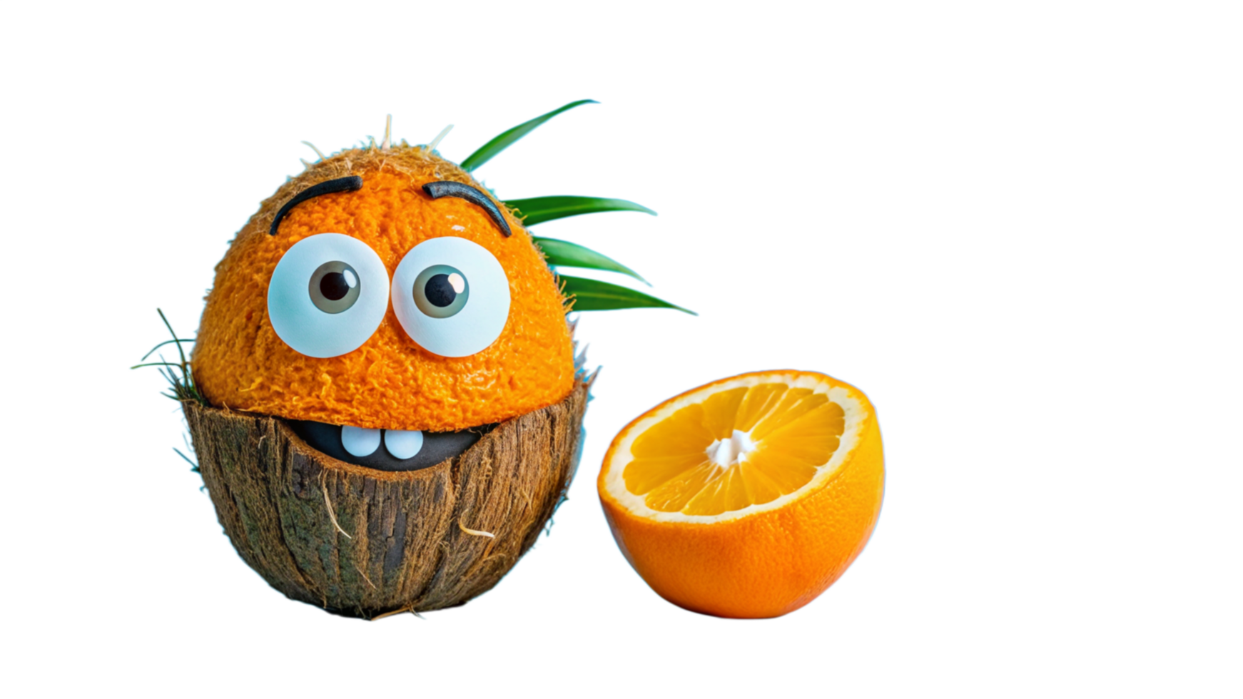 Funny Orange Fruit Character Inside Coconut Shell With Half Orange png