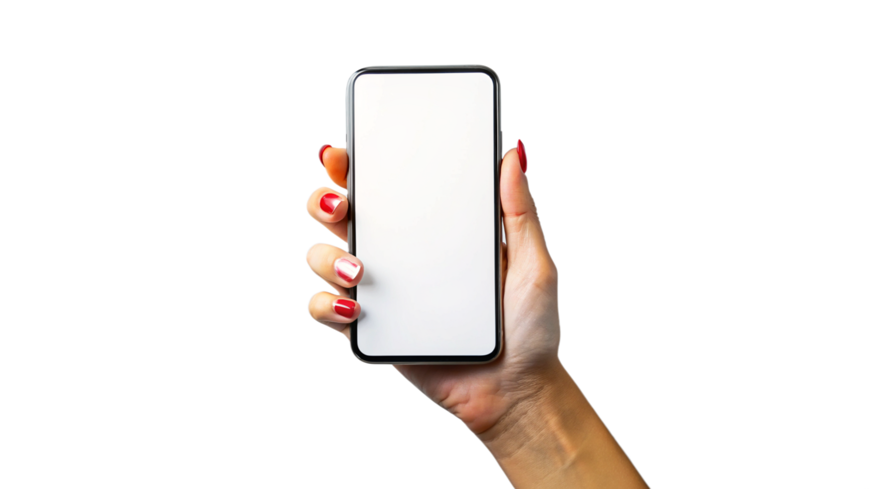 Womans Hand Holding Smartphone With Blank White Screen Isolated on Transparent Background png