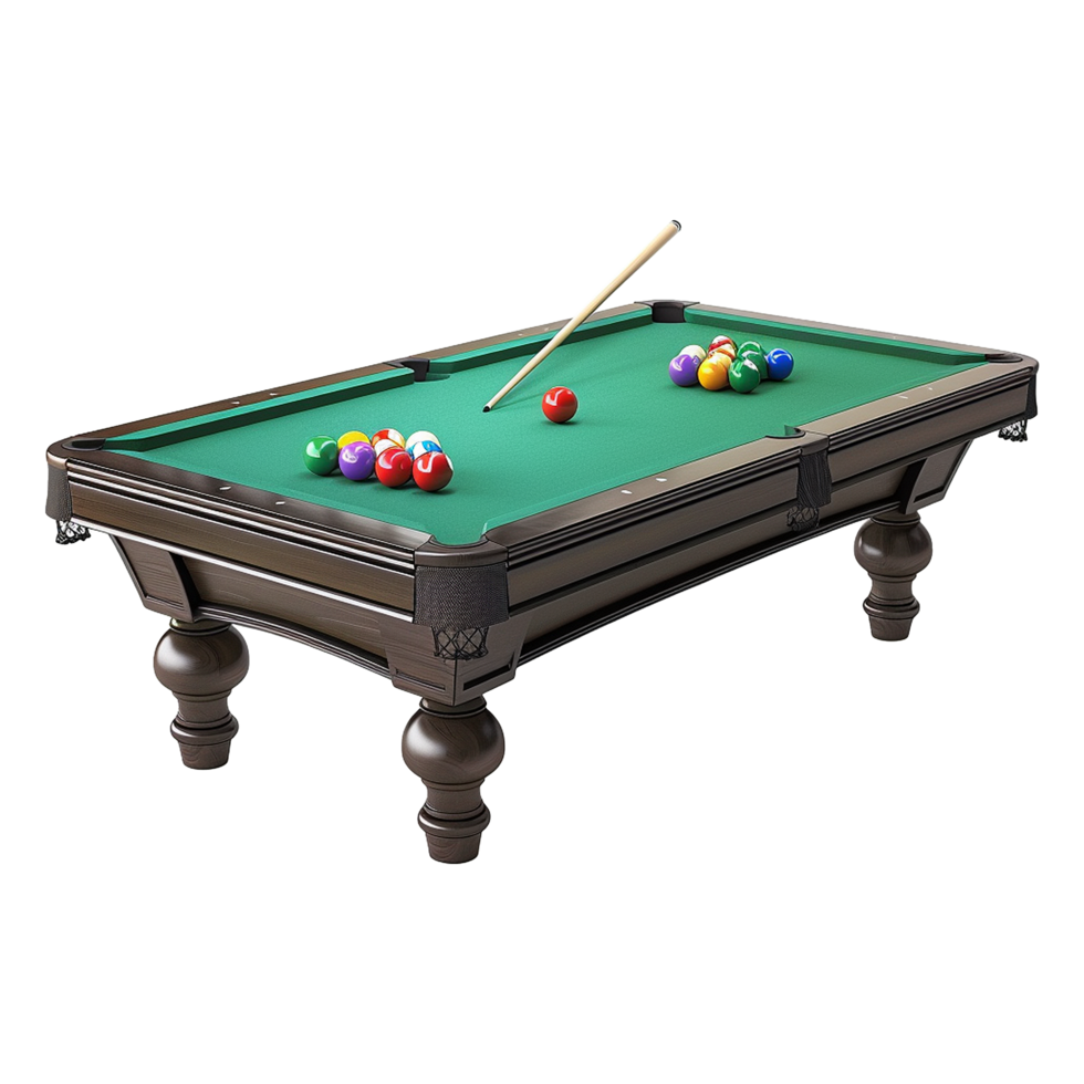 Wooden billiard table with green felt holds six pool balls png