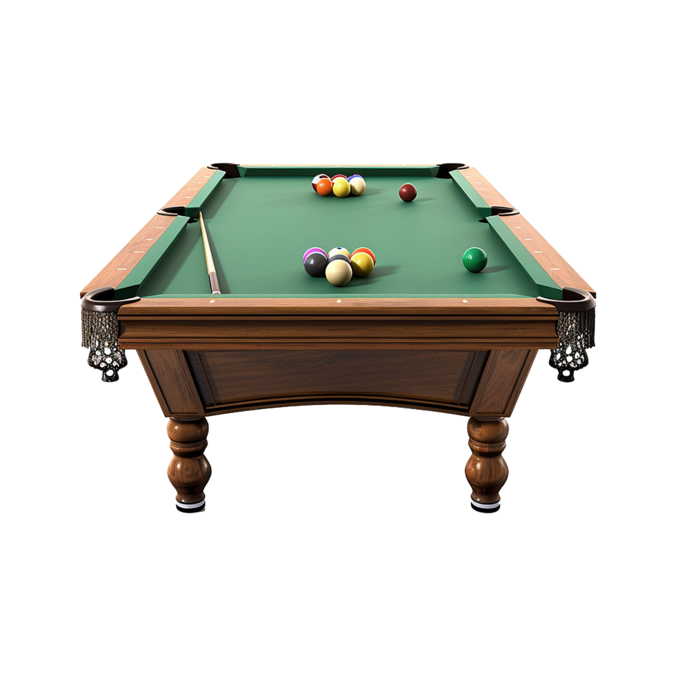 Wooden billiard table with green felt holds six pool balls png