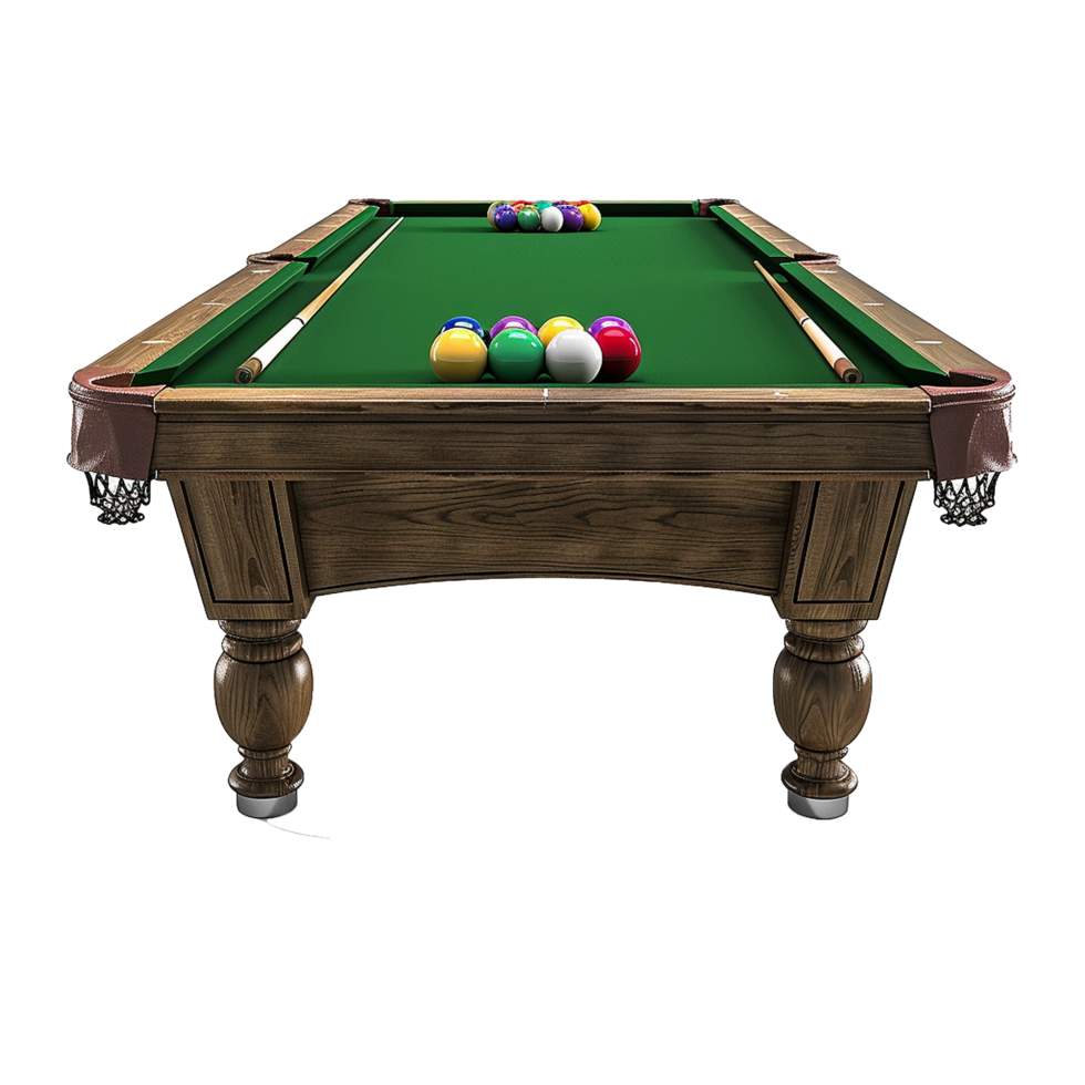Wooden billiard table with green felt holds six pool balls png