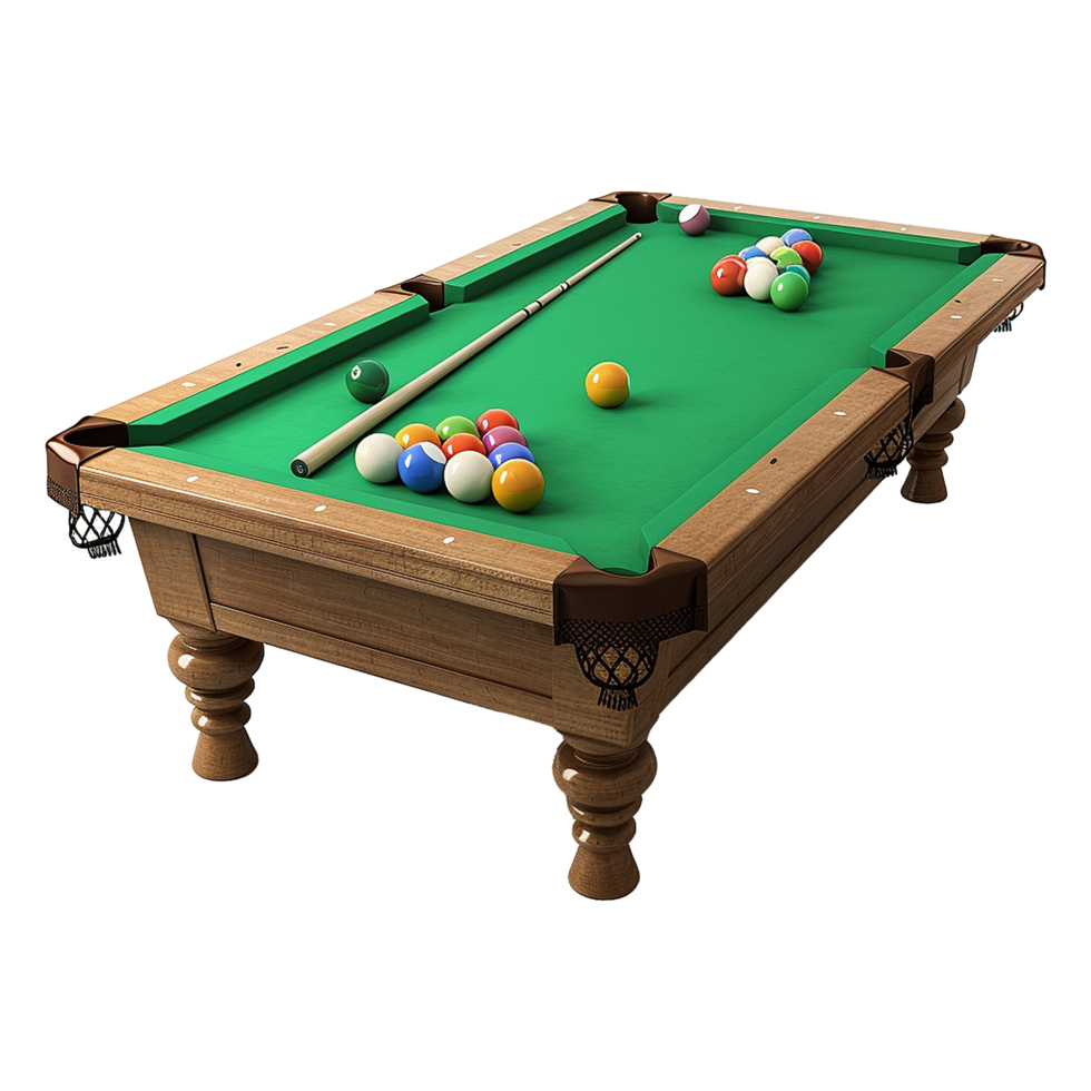 Wooden billiard table with green felt holds six pool balls png
