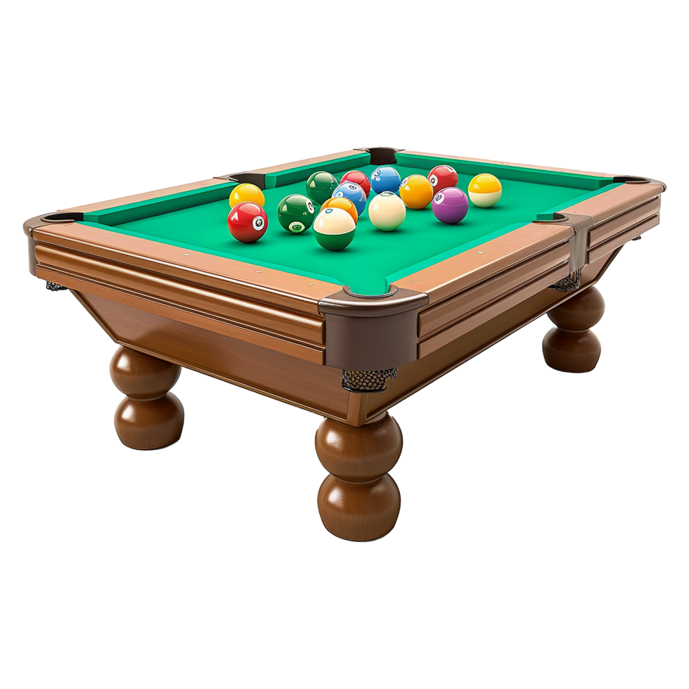 Wooden billiard table with green felt holds six pool balls png