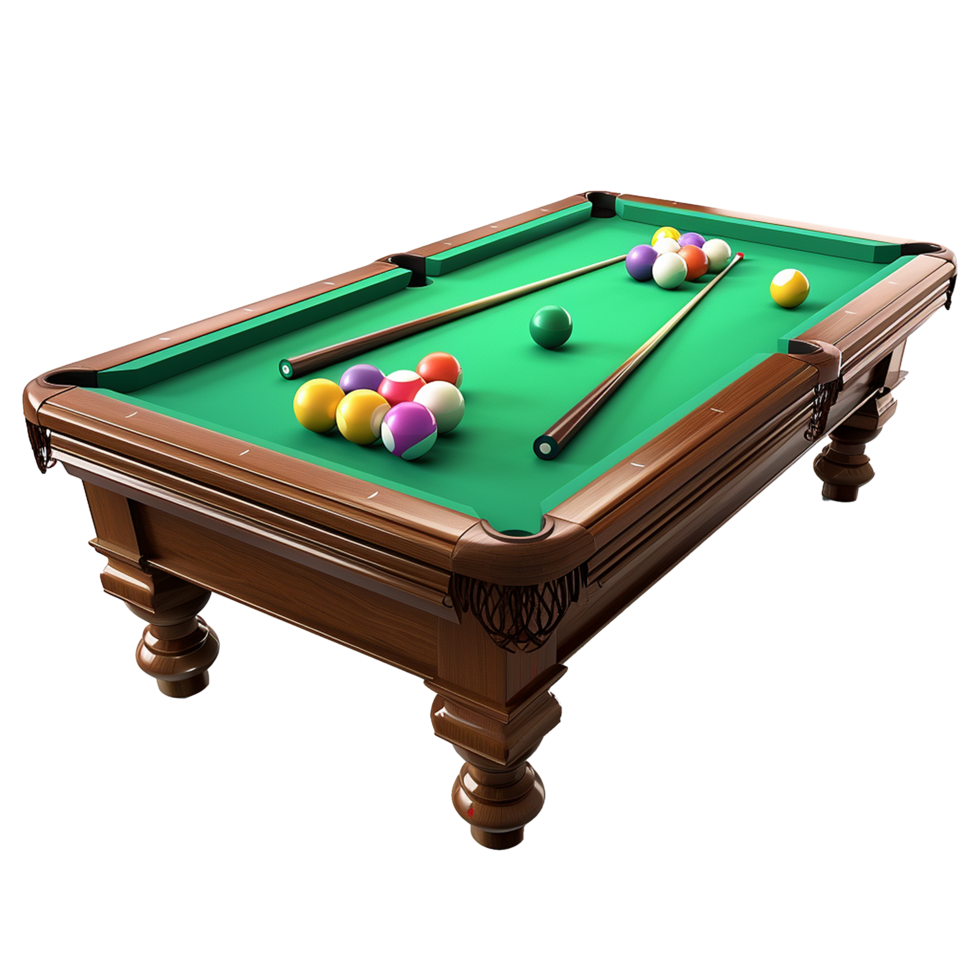 Wooden billiard table with green felt holds six pool balls png