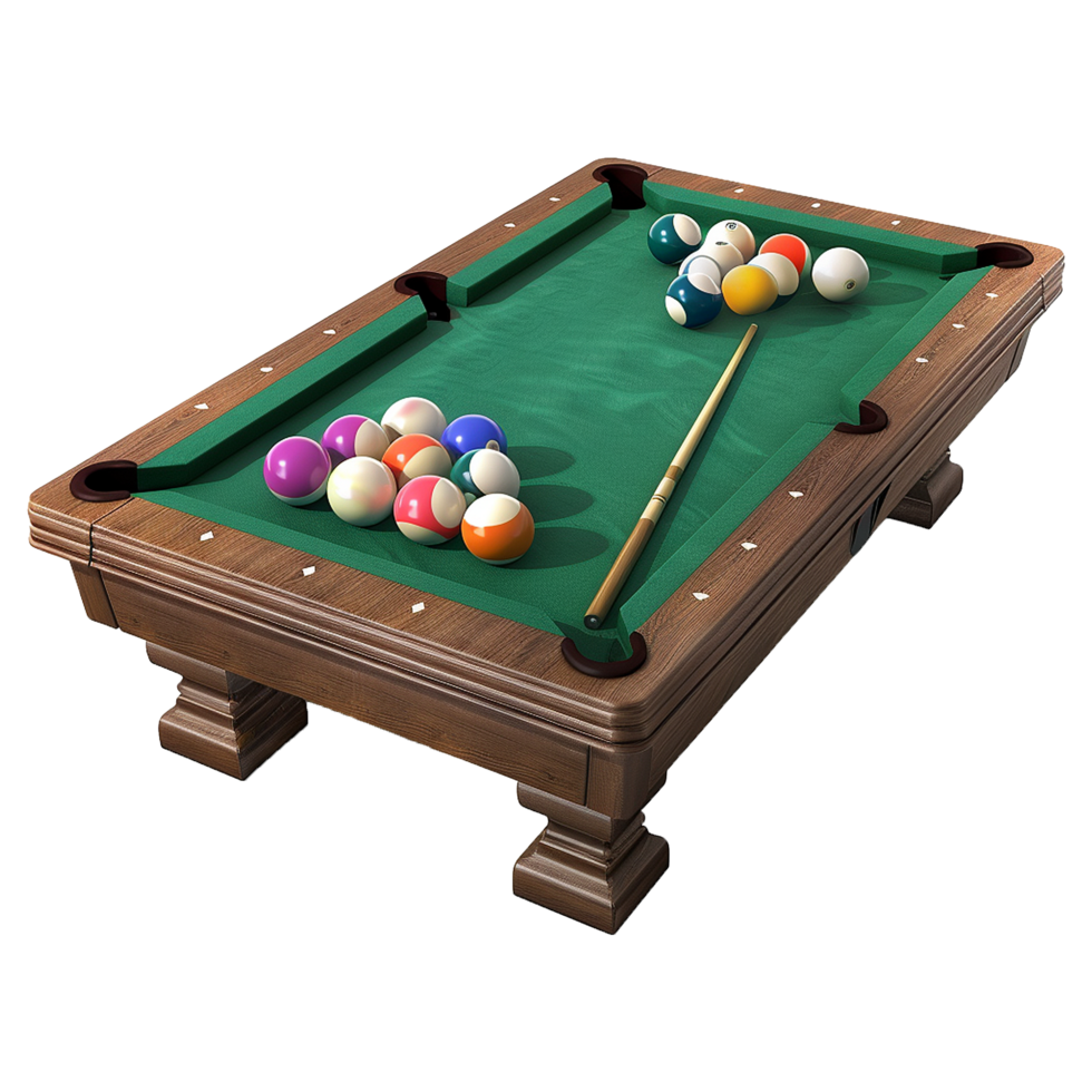 Wooden billiard table with green felt holds six pool balls png