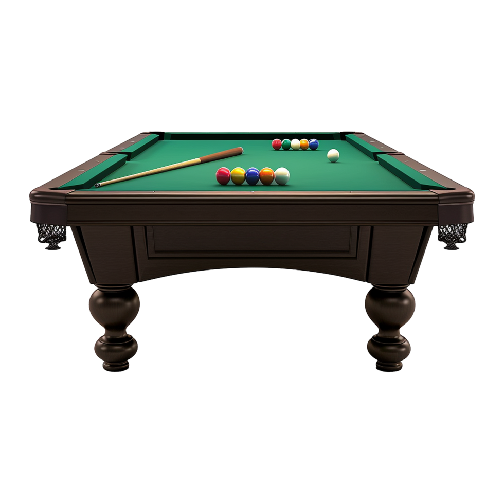 A wooden billiards table with green felt holds pool balls isolated on transparent background png