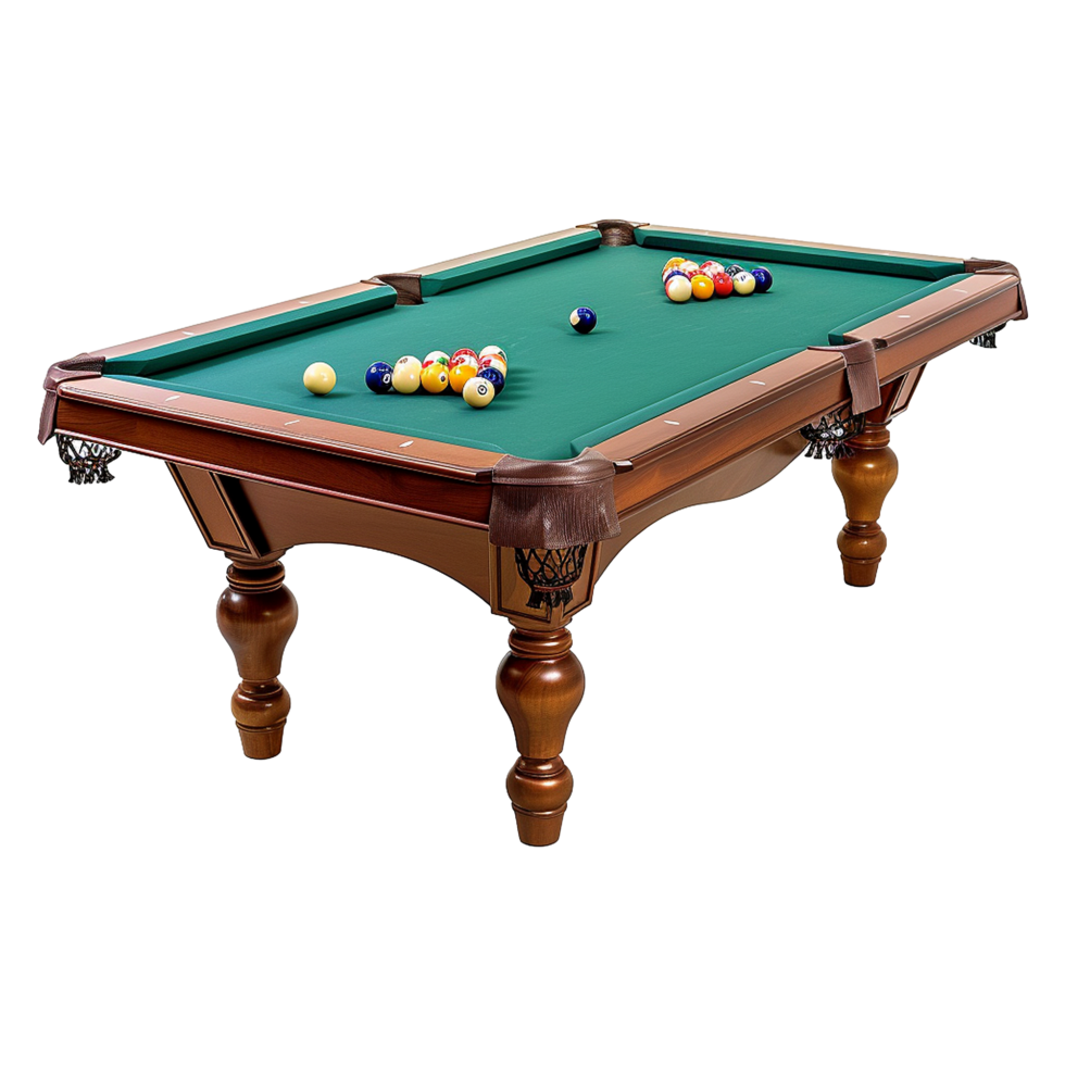 A wooden billiards table with green felt holds pool balls isolated on transparent background png