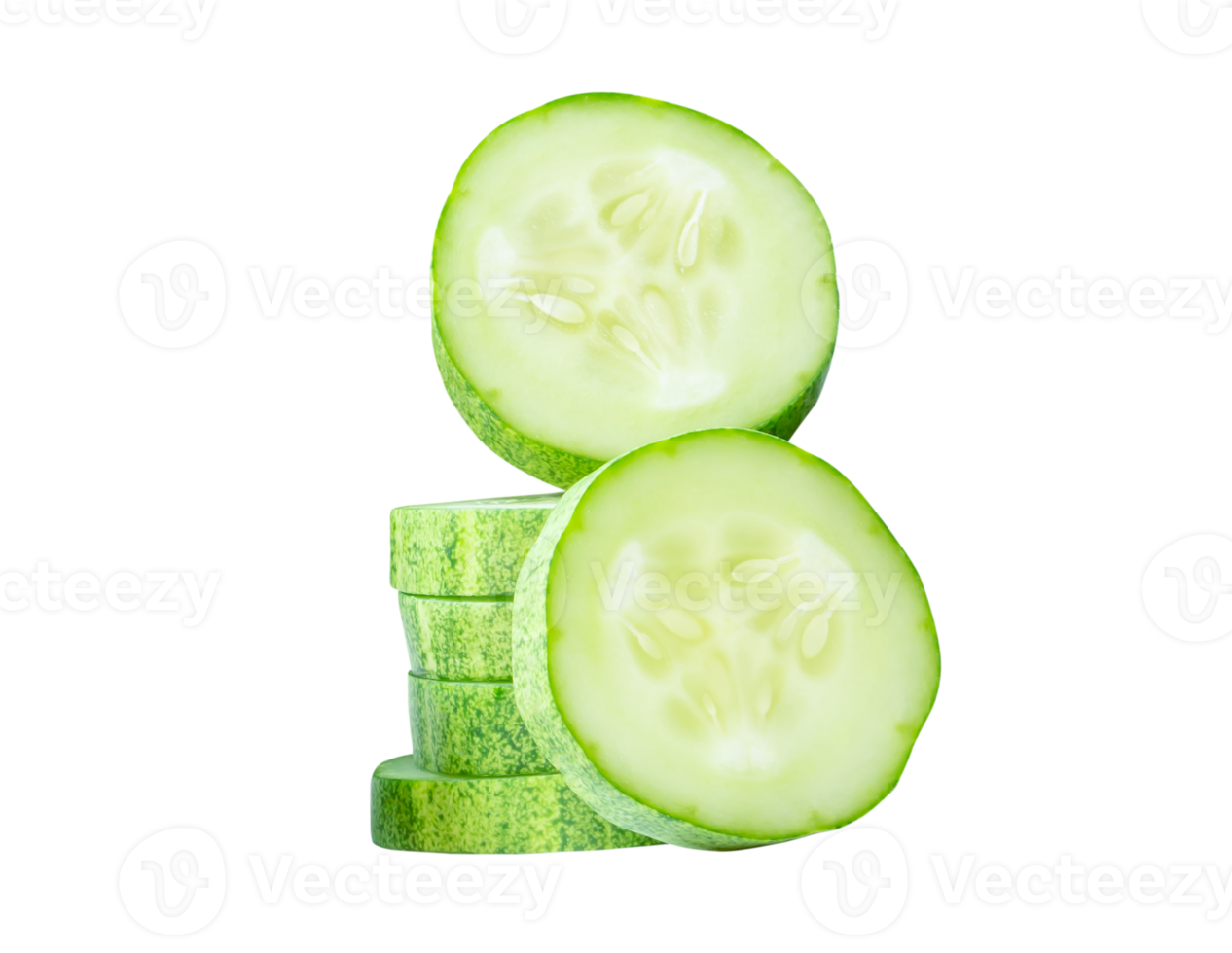 Front view of green cucumber slices or pieces in stack isolated with clipping path in file format png