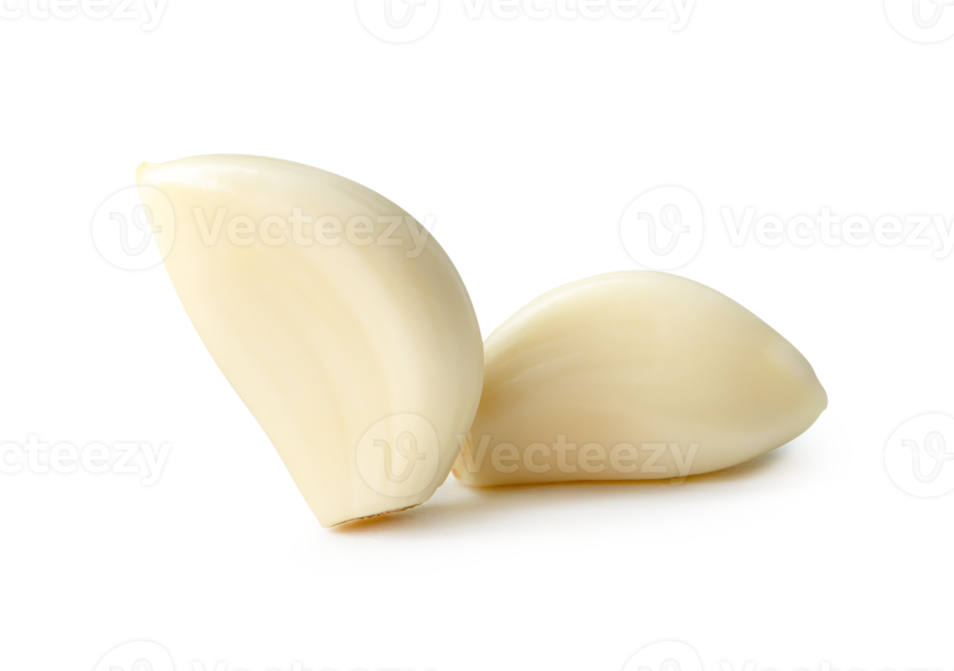 Front view of peeled garlic cloves in stack isolated with clipping path and shadow in file format png