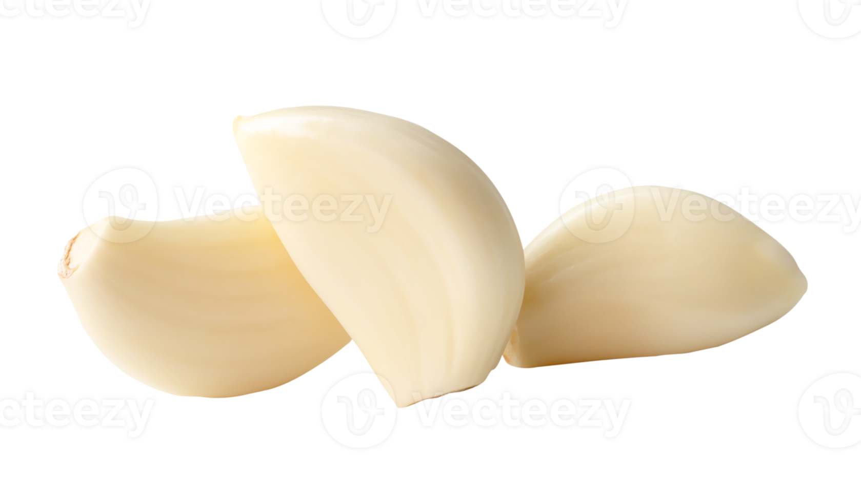 Front view of peeled garlic cloves in stack isolated with clipping path in file format png