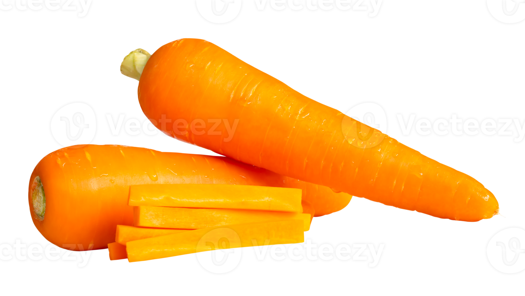Front view of orange carrots with slices in stick shape isolated with clipping path in file format png